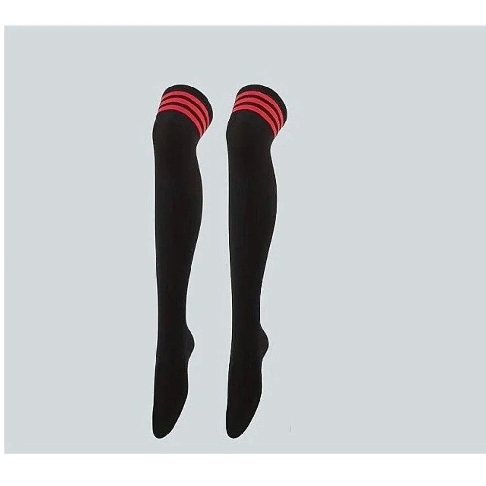 Black with 3 Red Stripes Over the Knee Thigh High Socks ONE SIZE Grunge Emo NEW